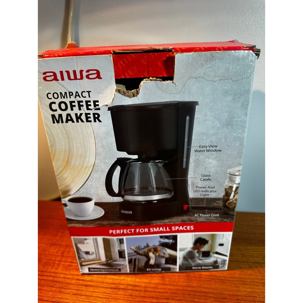 Aiwa WCF1-1007-BLK Compact 6 Cup Drip Coffee Maker Black Glass Carafe 650W